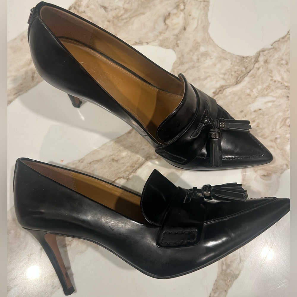 Coach Black Leather Pointed-Toe Tassel Pumps - Women's